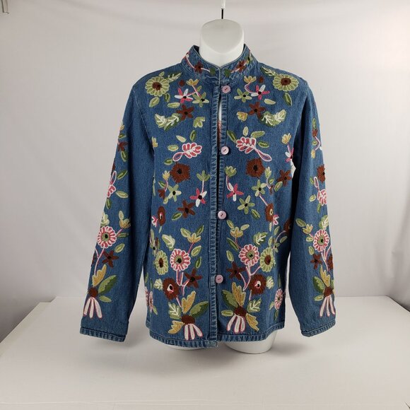 Boston Proper XS Denim Jacket Embroidered Flowers Womens Cotton Jeans Coat - Picture 2 of 15